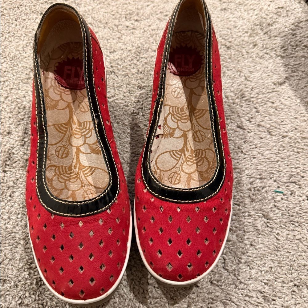 Fly London Women's Red Perforated Flats - Picture 3 of 8